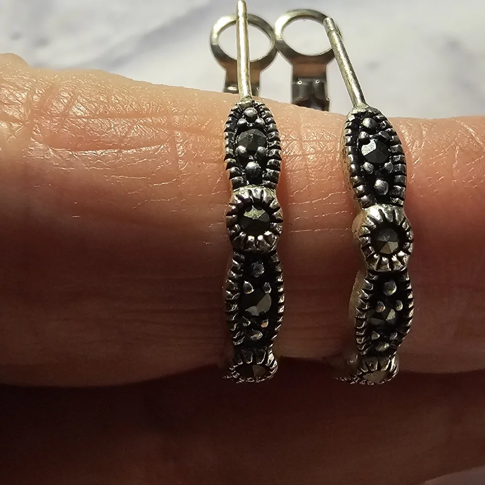 Sterling Silver Marcasite Hoop Earrings - Picture 3 of 4